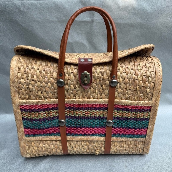 Handbags - Raffia Straw Tote Bag Mexican Boho Bag Purse Beach Bag Tote w Leather Accent
